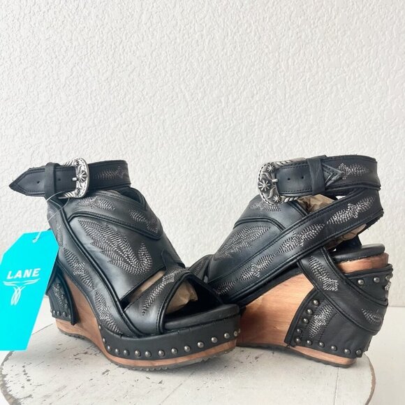 Lane Boots LEXINGTON Womens Black Wedges 6 Western Sandals Cowgirl Wooden Heel - Picture 11 of 11